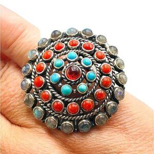 Mens Womens Ring Sterling Silver Moonstone Coral Turquoise Domed Size 7.5